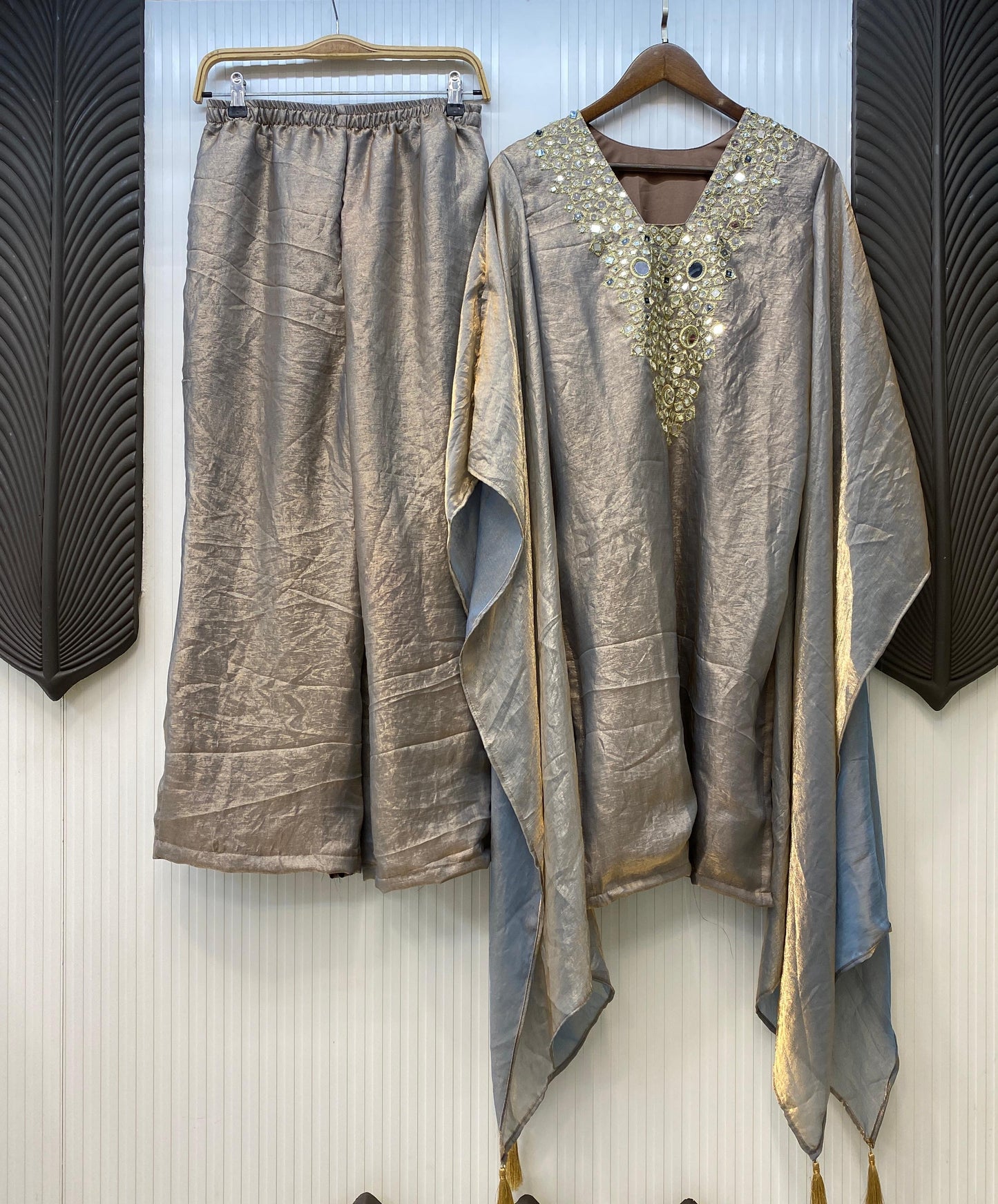 Fendi Silk Neck Read Mirror Work Embroidery DesignerKurti Palazzo Set (Ready to Wear)