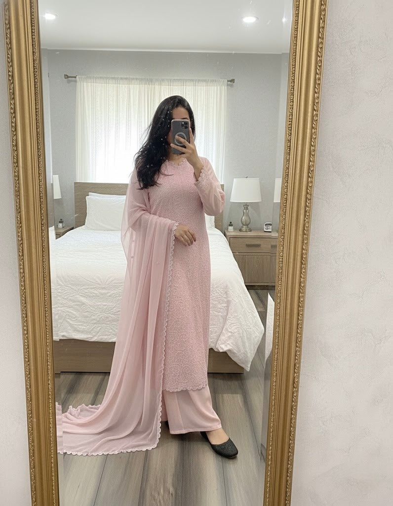 Faux Georgette Chikankari Thread Work Kurti Palazzo Dupatta Set