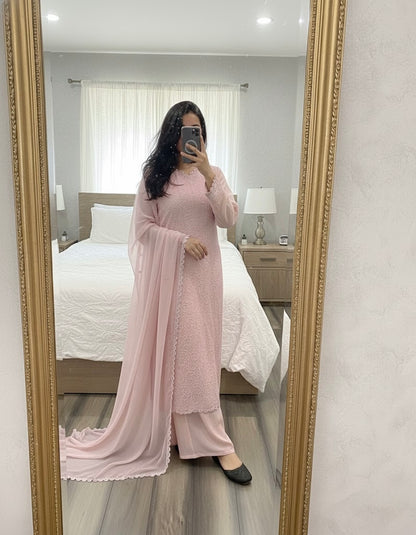 Faux Georgette Chikankari Thread Work Kurti Palazzo Dupatta Set