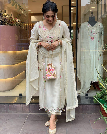 Pure Roman Silk Sequence Embroidery with Kodi Work Summer Special Kurti Pant Dupatta Set - Premium  from Ethenika.com  - Just INR 3090! Shop now at Ethenika.com 