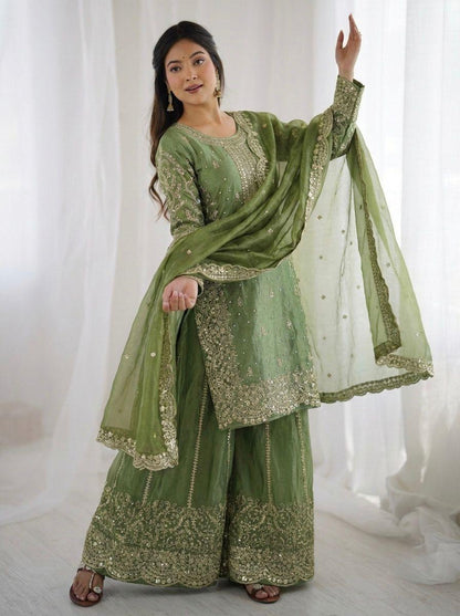 Fendi Silk Embroidery Work Designer Kurti Sharara Dupatta Set