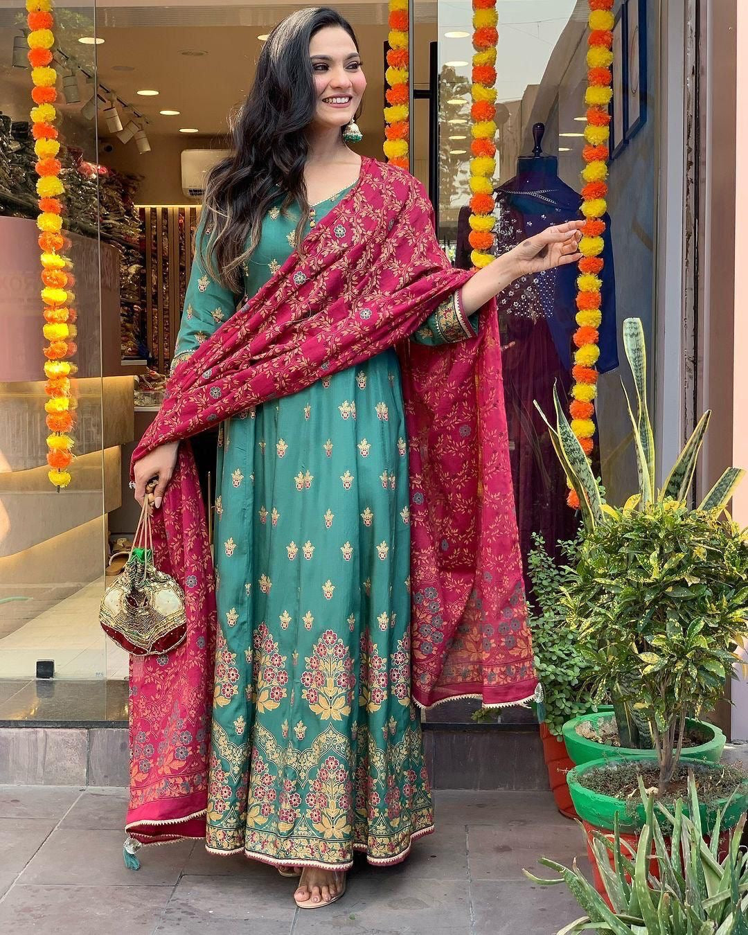 Roman Silk Foil Work Kurti Pant Dupatta Set (Stitched) - Premium  from Ethenika.com  - Just INR 2990! Shop now at Ethenika.com 