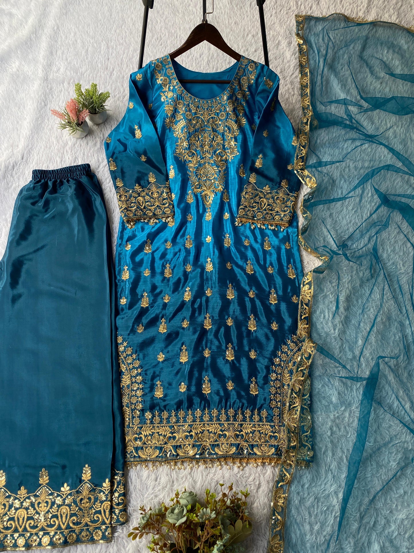Chinon Silk Sequence Embroidery Work Eid Special Desinger Kurti Pant Dupatta Set (ready to wear)
