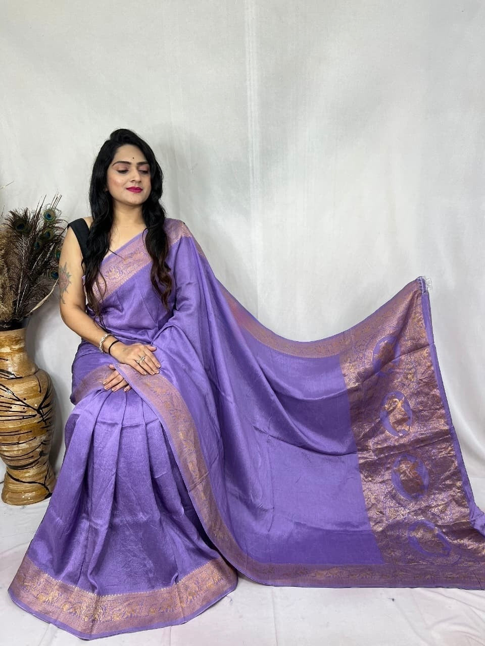 Dola Silk Plain Dye Golden Embroidery Work Silk Saree
