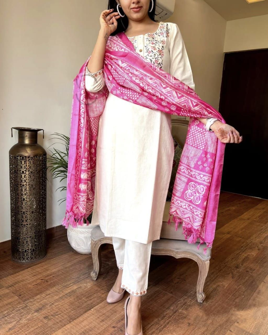 Handloom Khadi Cotton Embroidery work Kurti Pant Dupatta Set (Stitched) - Premium  from Ethenika.com  - Just INR 1890! Shop now at Ethenika.com 