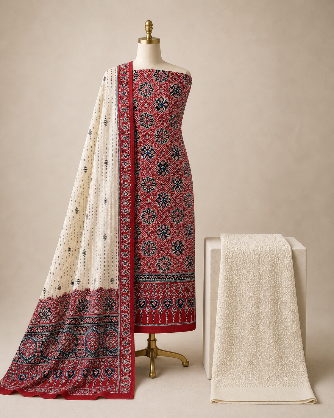 Soft Cotton Ajrakh Print with Chikankari Work Salwar Dress Material