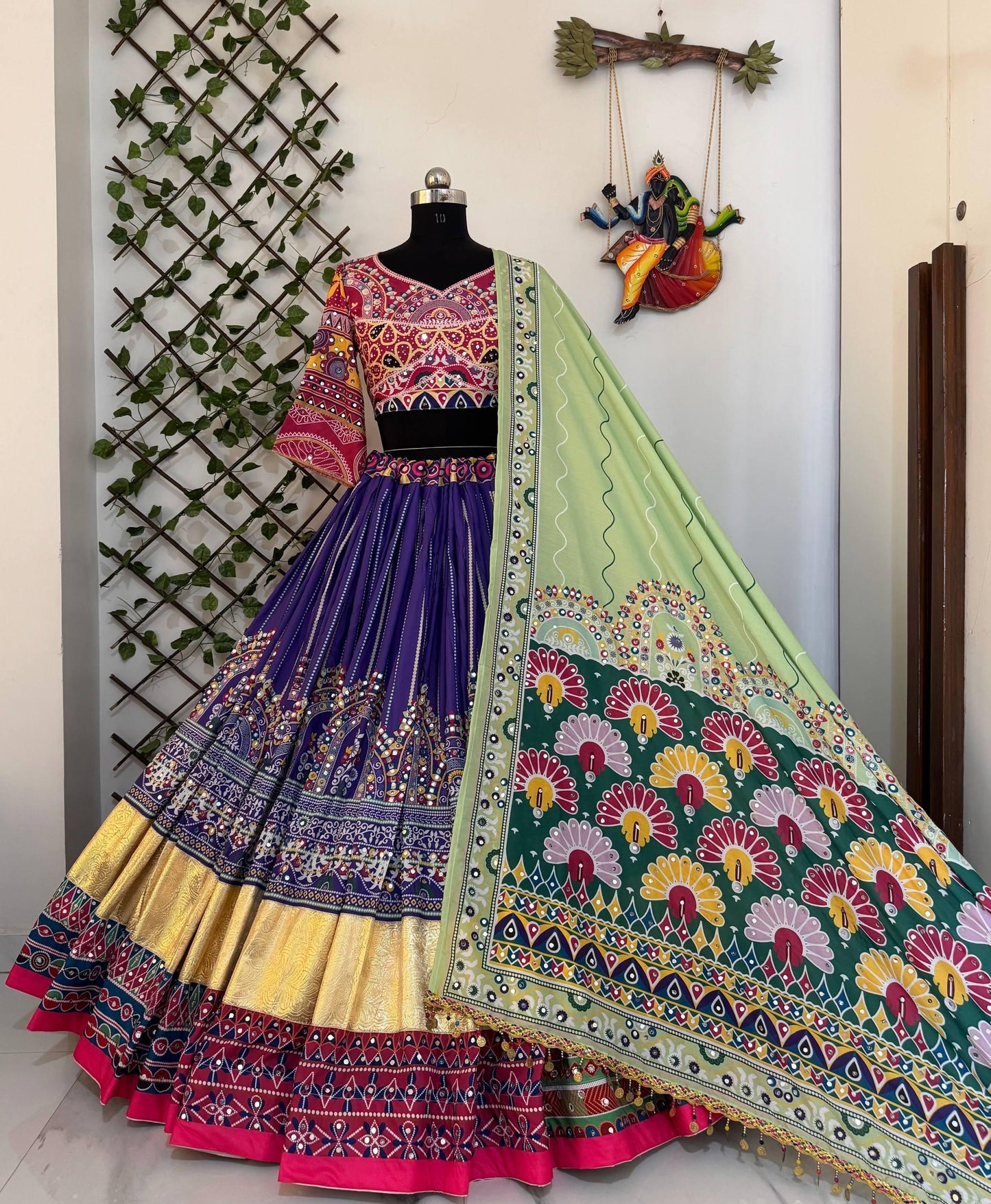 Designer Chaniya Choli | Muslin Digital Print Mirror Work & Lampi Lace