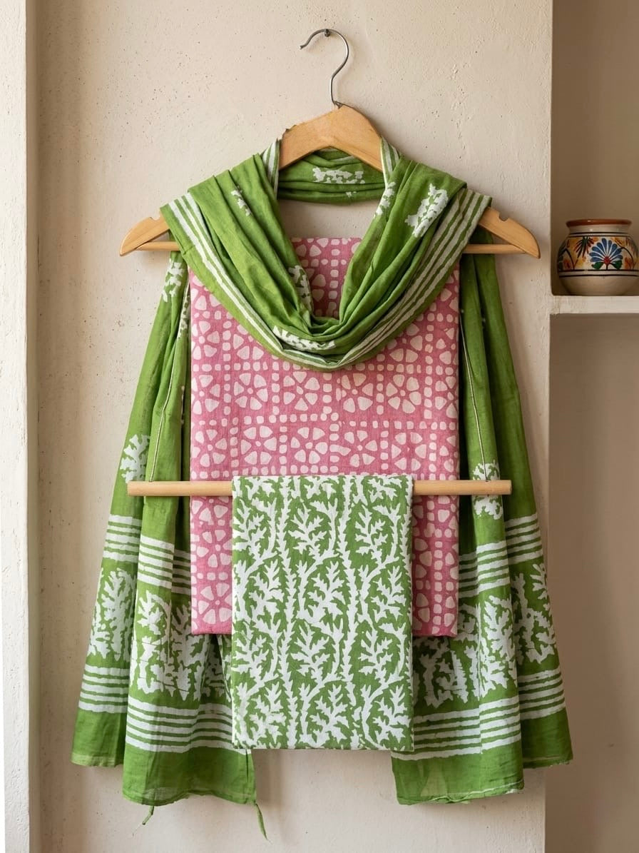 Gadhwal Silk Hand Block Print Batik Dress Material
