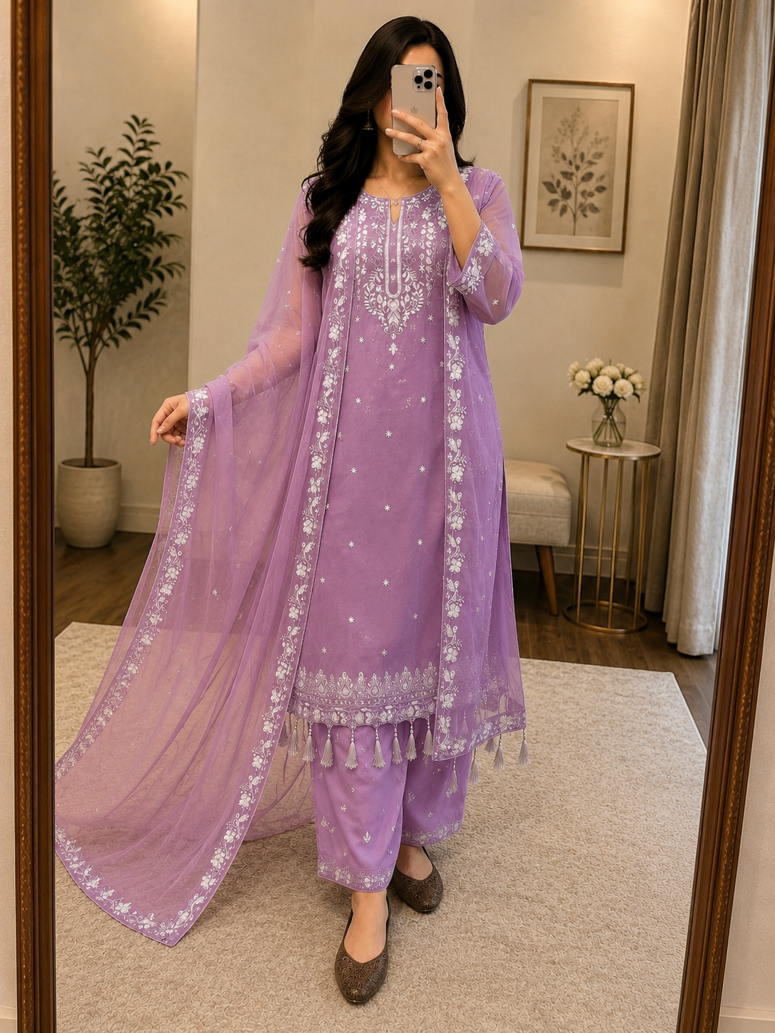 Faux Georgette Sequence Embroidery Work Designer 3Pc Party Wear Kurti Pant Dupatta Set