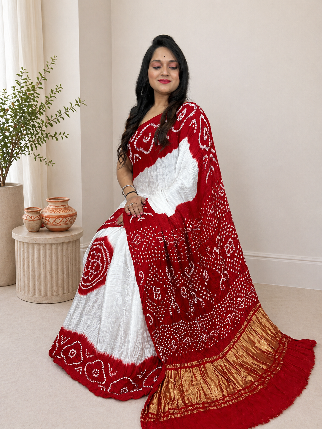 Modal Silk White Concept Silk Bandhani Saree