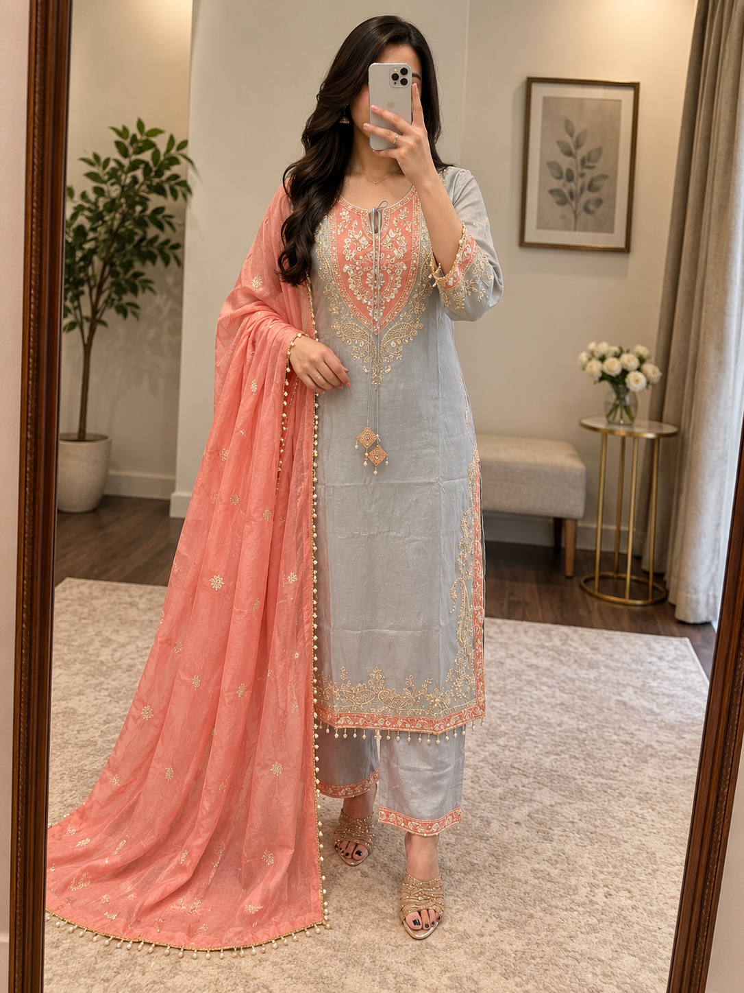 Sequence Zari Weaving Embroidery With Latkan Designer 3Pc Kurti Pant Dupatta Set