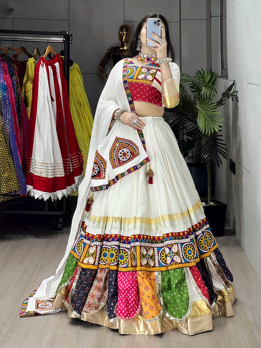 Pure Rayon Cotton Multi Kutchi Design White Concept 6M Flair Navratri Garba Chaniya Choli (Ready to Wear)