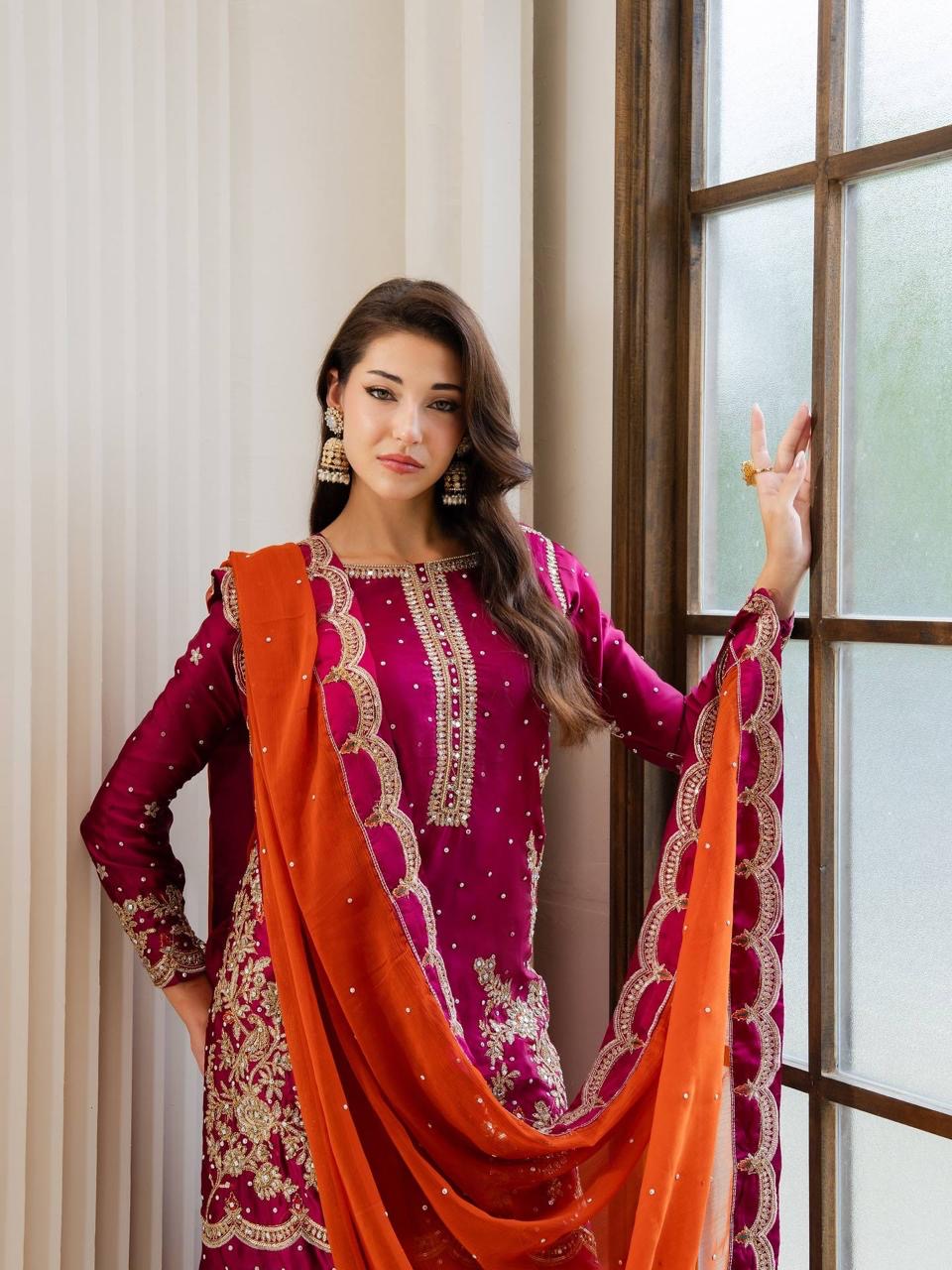 Designer Kurti Palazzo Set | Chinon Silk Zari Embroidery | Ready to Wear