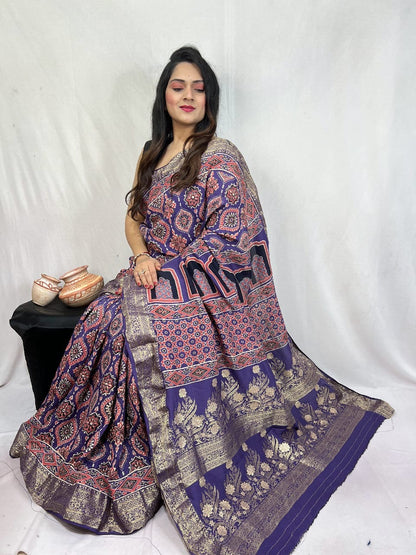 Dola Silk Original Handblocked  Ajrakh work Saree - Premium  from Ethenika.com  - Just INR 6990! Shop now at Ethenika.com 