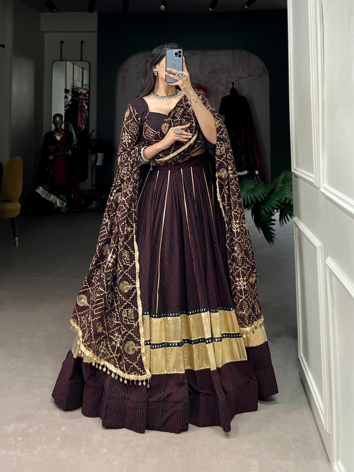 Georgette Bandhej Print with Embossed Print Mirror Work Designer Chaniya Choli (Ready to Wear)with Purse