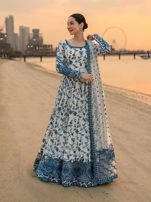 Faux Georgette Embroidery Work Summer Special Gown Pant Dupatta Set