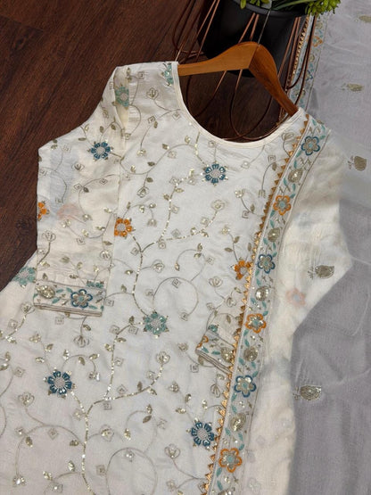 Sequence Embroidery Work Trending Kurti Sharara Dupatta Set