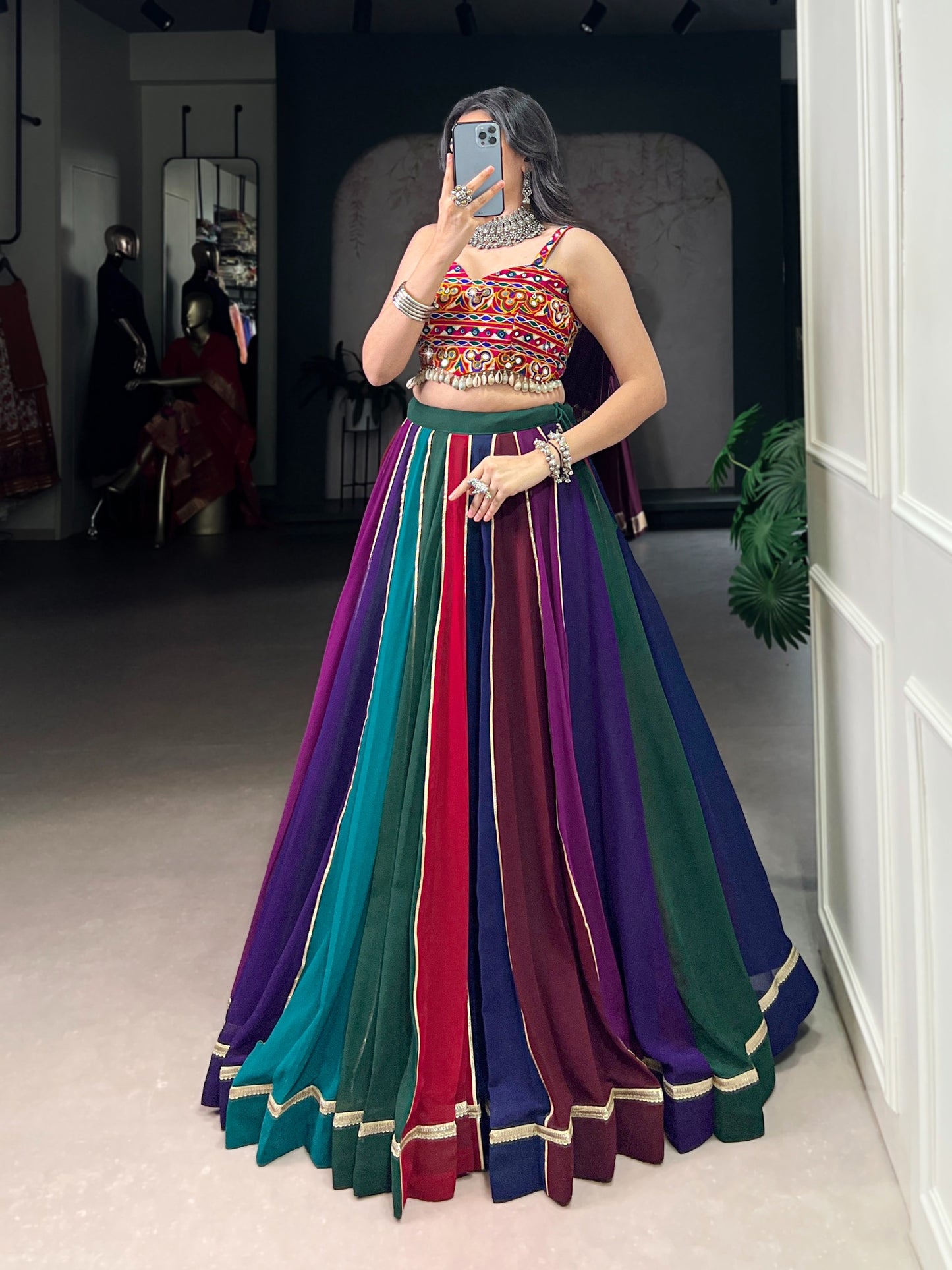 Multicolor Georgette Designer Lehenga Choli Set with Gota Patti Border