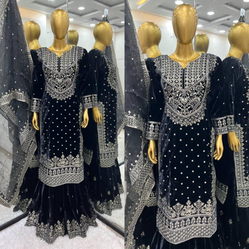 Ethenika Silver Thread Embroidery work Reasdy to wear Velvet Kurti Sharar Set - Premium  from Ethenika.com  - Just INR 4990! Shop now at Ethenika.com 