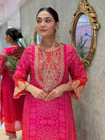 Natural Crepe Sequence Embroidery Mirror Work Designer Kurti Pant Dupatta Set (Ready to Wear)
