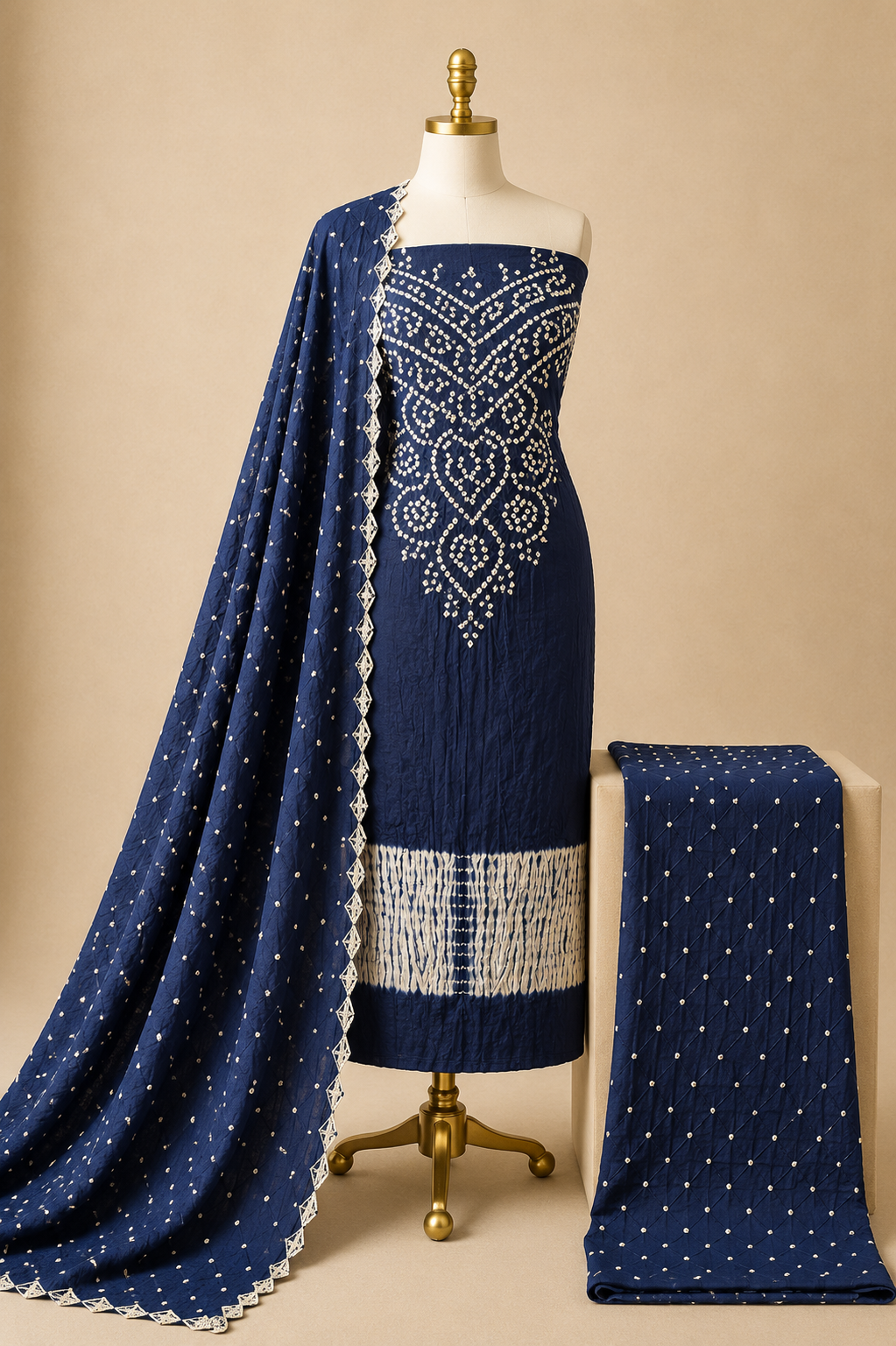 Cotton Self Color Kusum Work 3Pc Unstitched Bandhani Dress Material