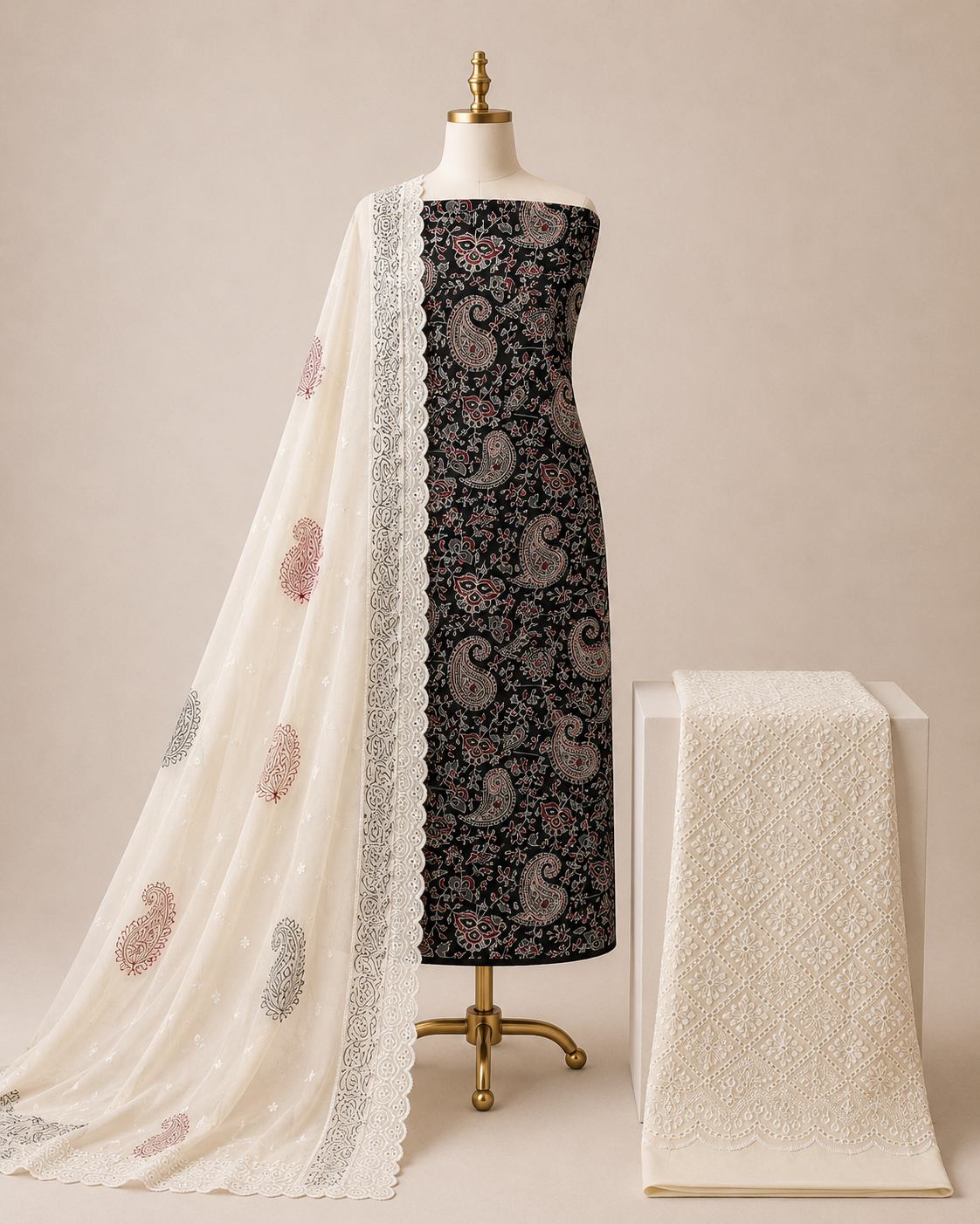 Soft Cotton Hand Blocked Ajrakh Print with Chikan Work Salwar 3Pc Unstitched Dress Material