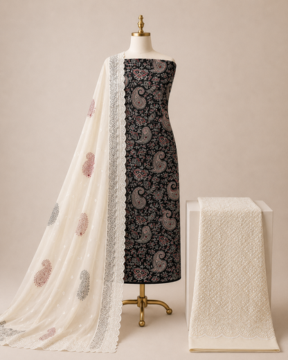 Soft Cotton Hand Blocked Ajrakh Print with Chikan Work Salwar 3Pc Unstitched Dress Material