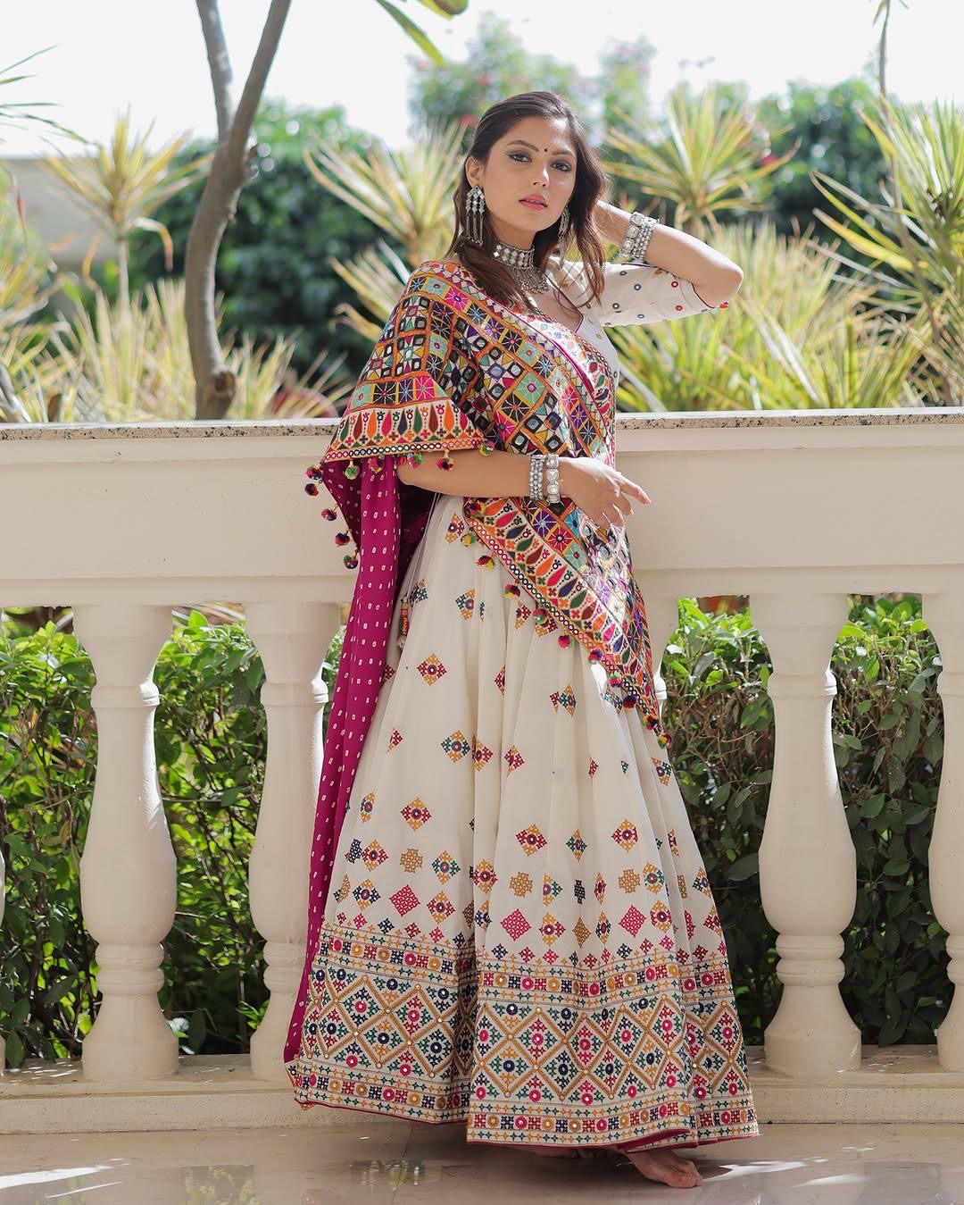 Muslin Digital Print With Mirror Work White Concept Navratri Special Designer Chaniya Choli