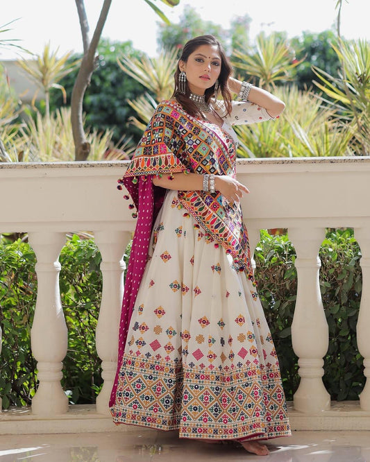 Muslin Digital Print With Mirror Work White Concept Navratri Special Designer Chaniya Choli