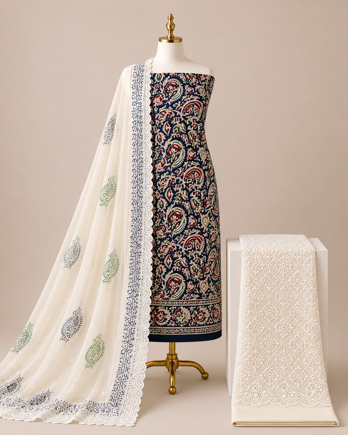 Soft Cotton Hand Blocked Ajrakh with Chikan Work Bottom 3pc Unstitched Dress Material