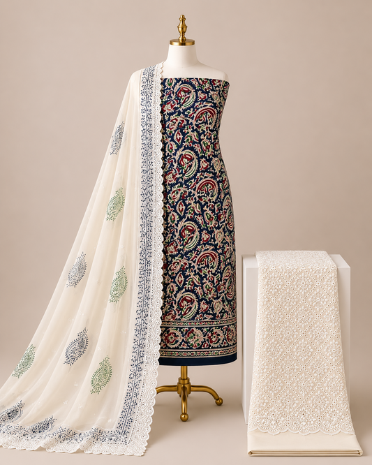 Soft Cotton Hand Blocked Ajrakh with Chikan Work Bottom 3pc Unstitched Dress Material