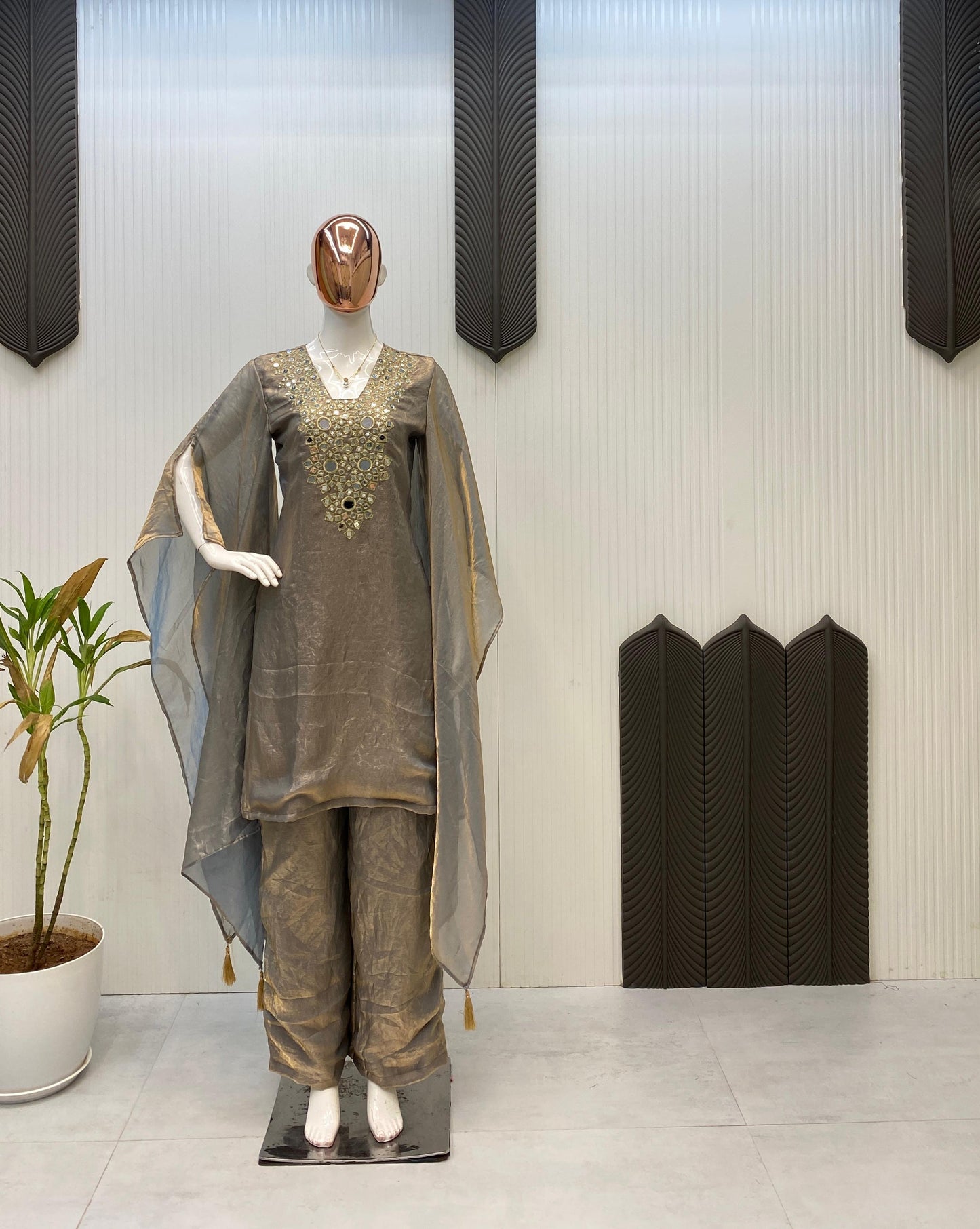Fendi Silk Neck Read Mirror Work Embroidery DesignerKurti Palazzo Set (Ready to Wear)