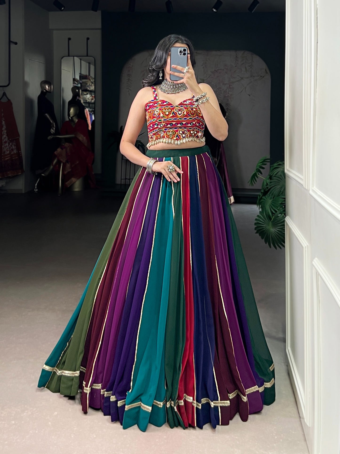 Multicolor Georgette Designer Lehenga Choli Set with Gota Patti Border