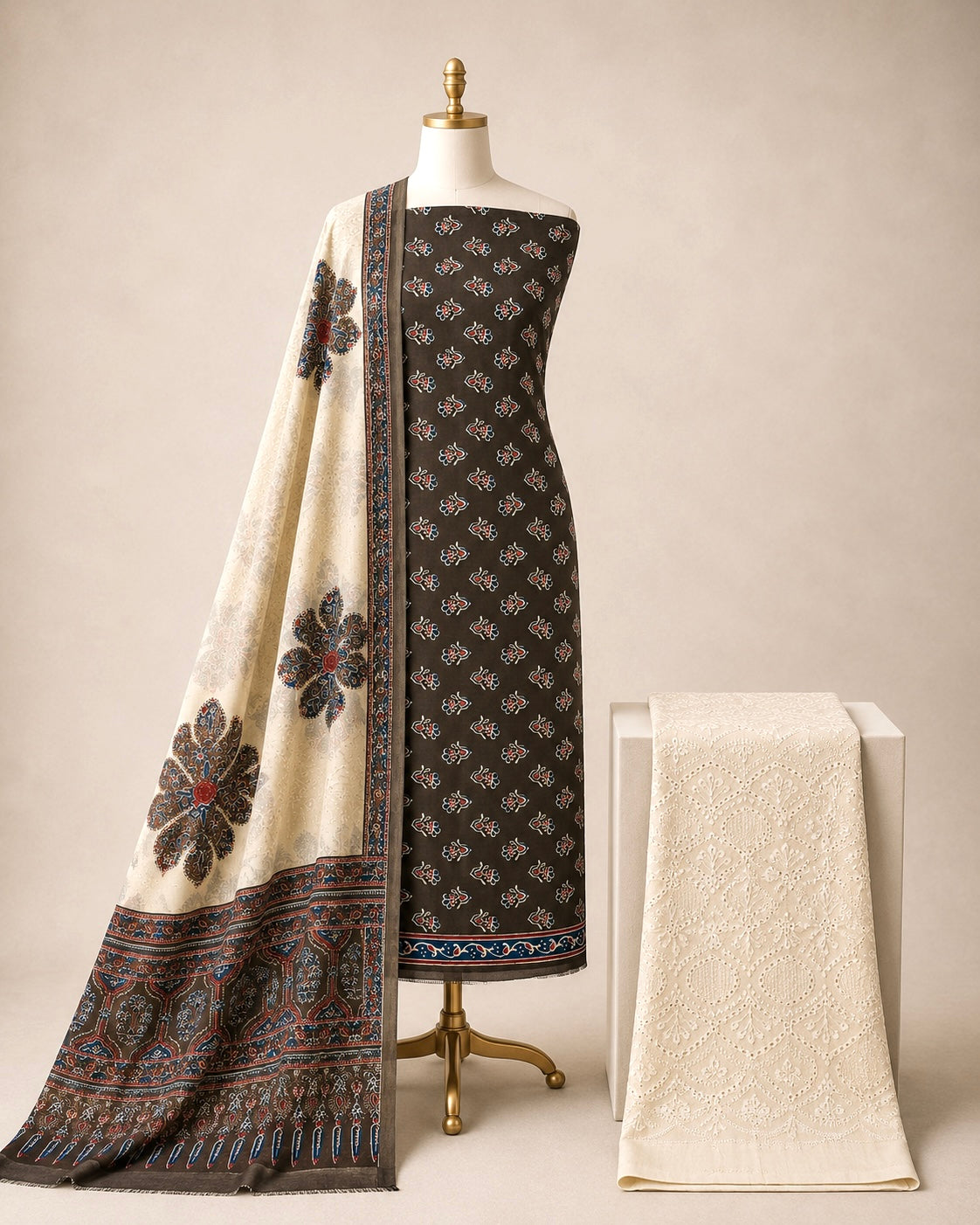 Soft Cotton Block Print Ajrakh Chikan Work 3Pc Unstitched Dress Material
