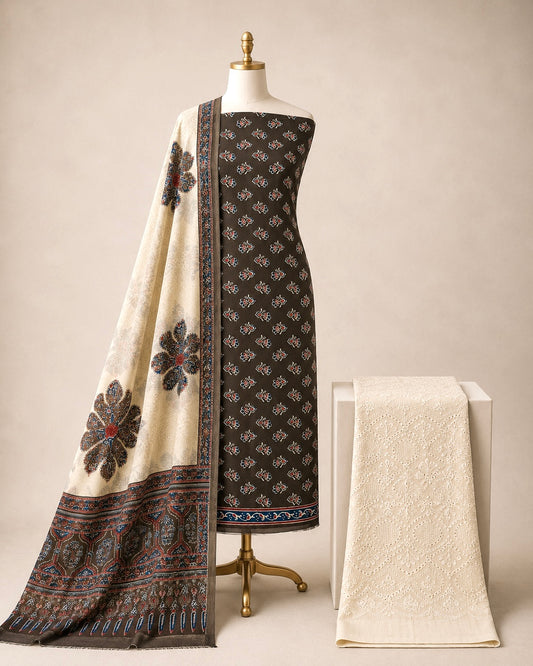 Soft Cotton Block Print Ajrakh Chikan Work 3Pc Unstitched Dress Material