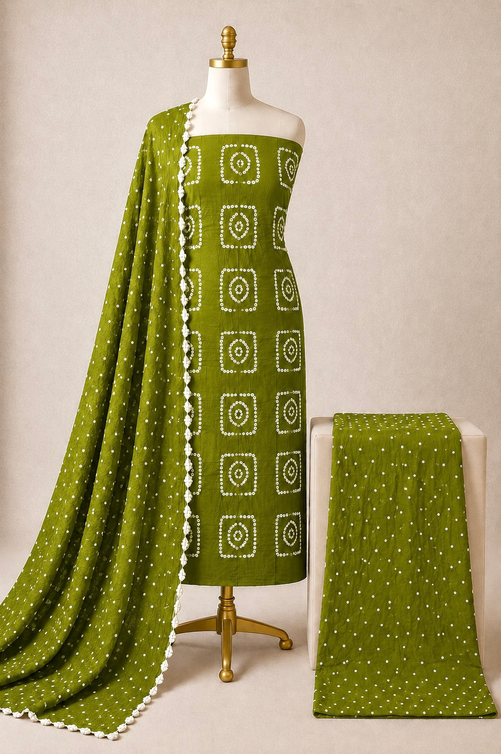Cotton Satin Self Color Kutch 3Pc Unstitched Bandhani Dress Material