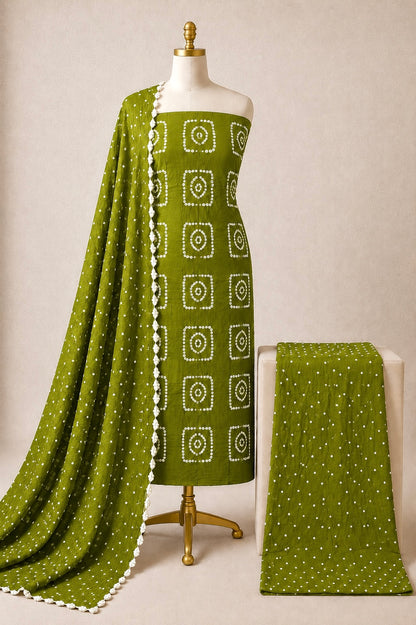 Cotton Satin Self Color Kutch 3Pc Unstitched Bandhani Dress Material