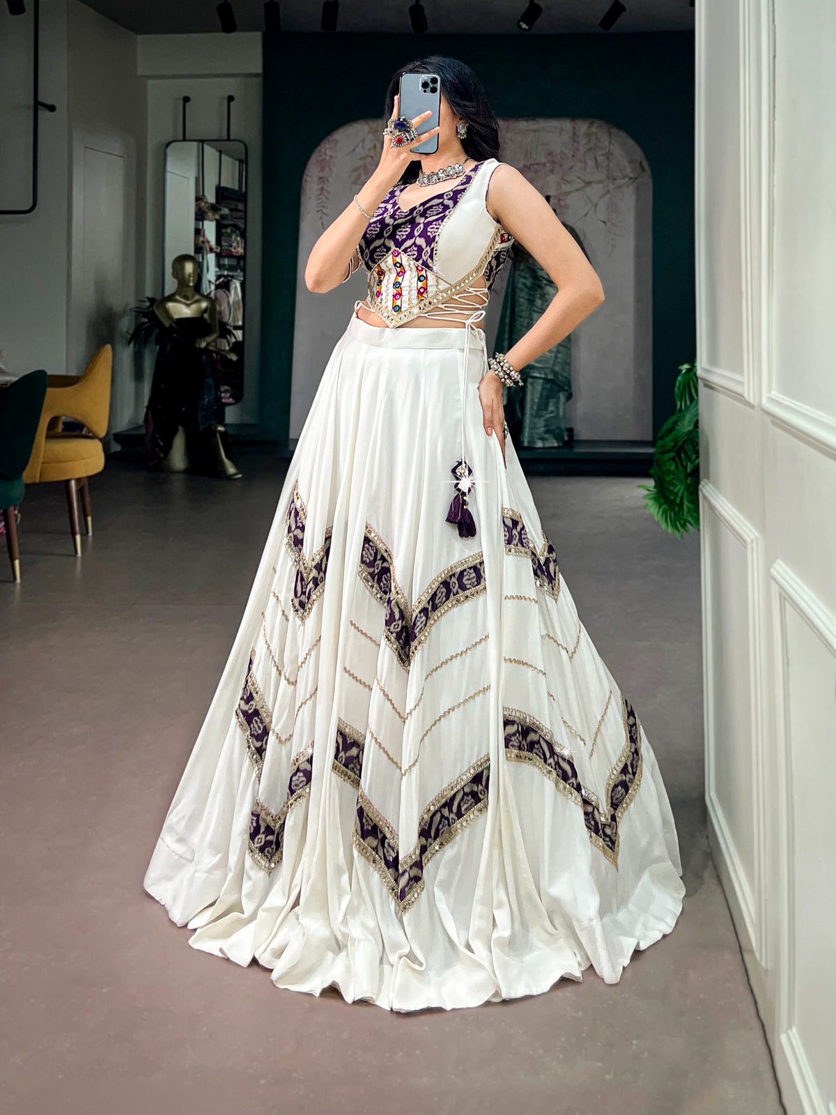 White Garba special Chaniya Choli with tassels - back view