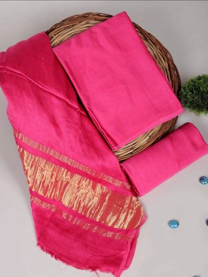 Chanderi Silk Plain Concept Dress Material with Zari Weaving Dupatta (Unstitched)