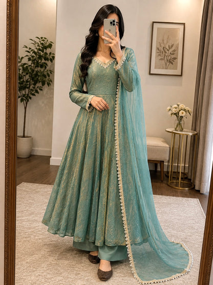 Fendi Silk Mirror Lace Anarkali Gown Set with Dupatta – Rakhi Special