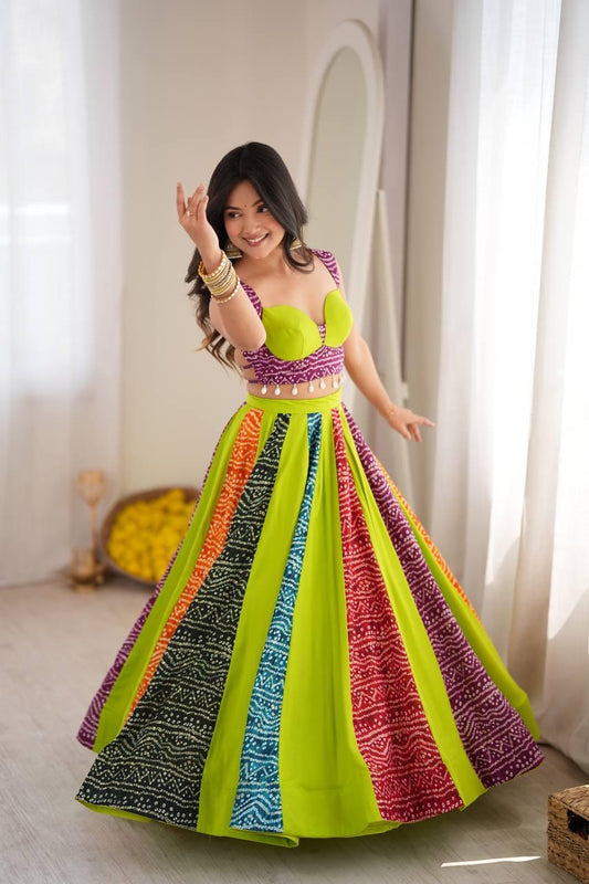 Multicolor Bandhani Rayon Digital Print Chaniya Choli | Ready to Wear | Free Size M-XXXL