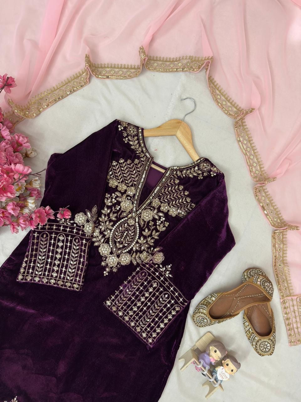 Sequence 5mm Embroidery Work Winter Special Designer Velvet Kurti Pant Dupatta Set (Ready To Wear)