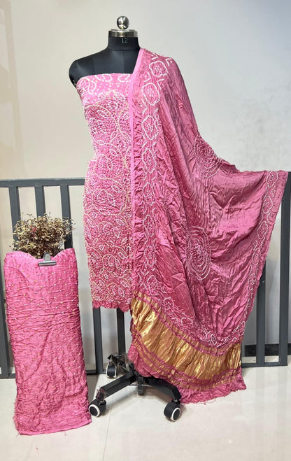 Modal Silk Original Kutch Hand Crafted Barik Bandhej Work Silk Bandhani Dress Material (Unstitched)