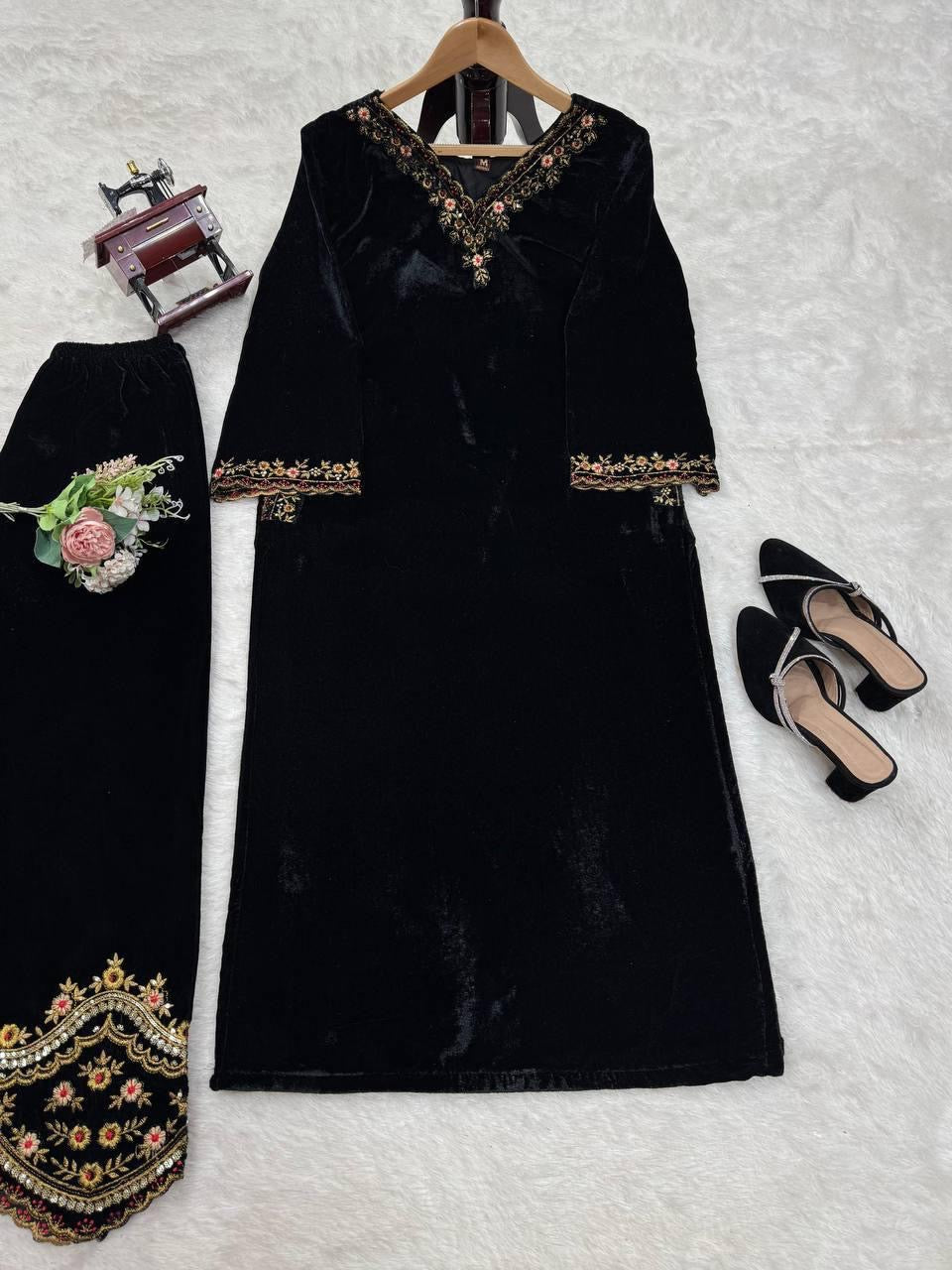Viscose Velvet Black Beauty Velvet Straight Fit Kurti Pant (Ready to Wear)