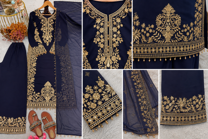 Faux Georgette Sequence Work Designer Party Wear 3Pc Kurti Pant Dupatta Set for Women