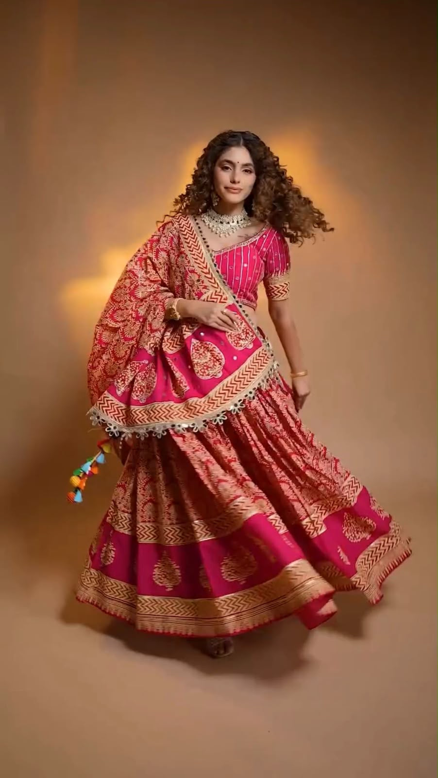 Printed Mirror Work Rayon Chaniya Choli - front view