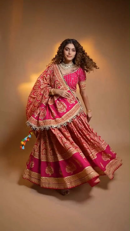 Printed Mirror Work Rayon Chaniya Choli - front view