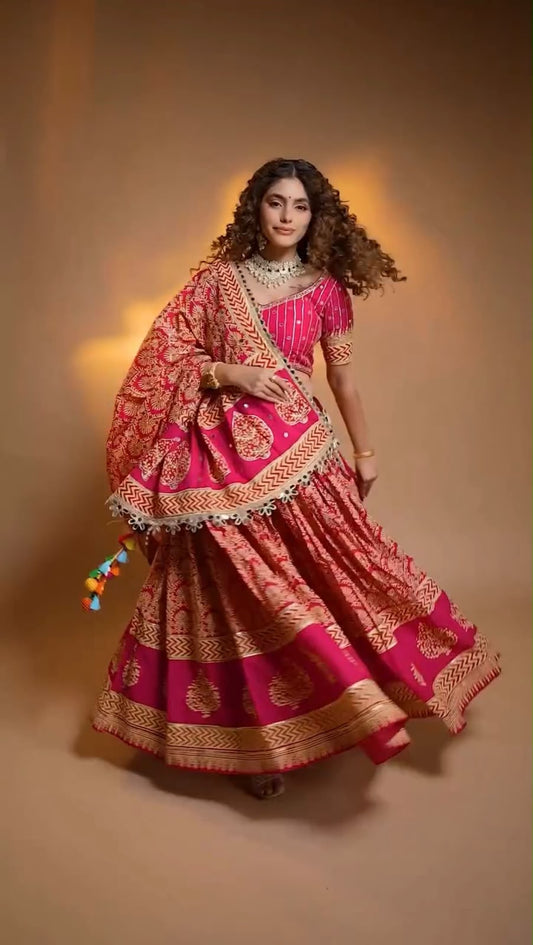 Printed Mirror Work Rayon Chaniya Choli - front view