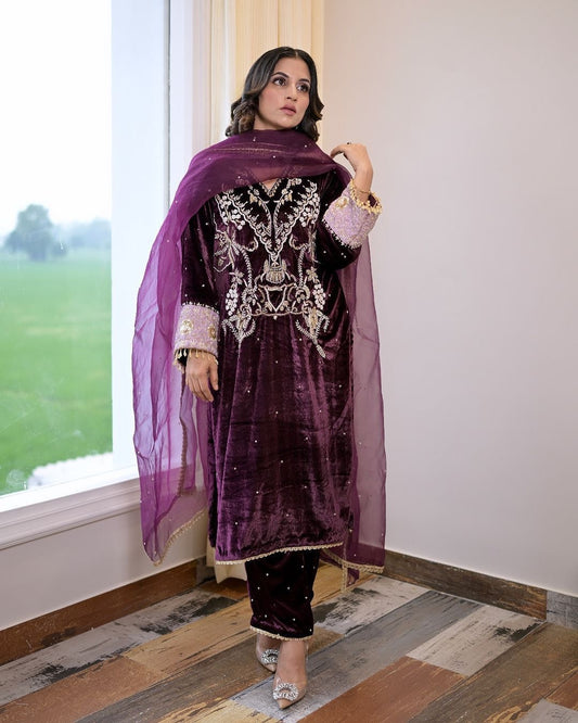 Winter Special Embroidery kodi work Velvet Kurti Pant Dupatta Set - Premium  from Ethenika.com  - Just INR 3290! Shop now at Ethenika.com 