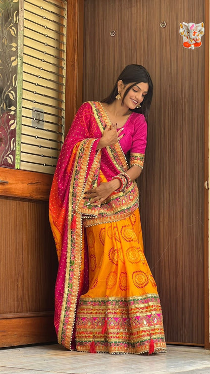 Moss Chiffone Mill Print Work Multicolor Bandhani Saree